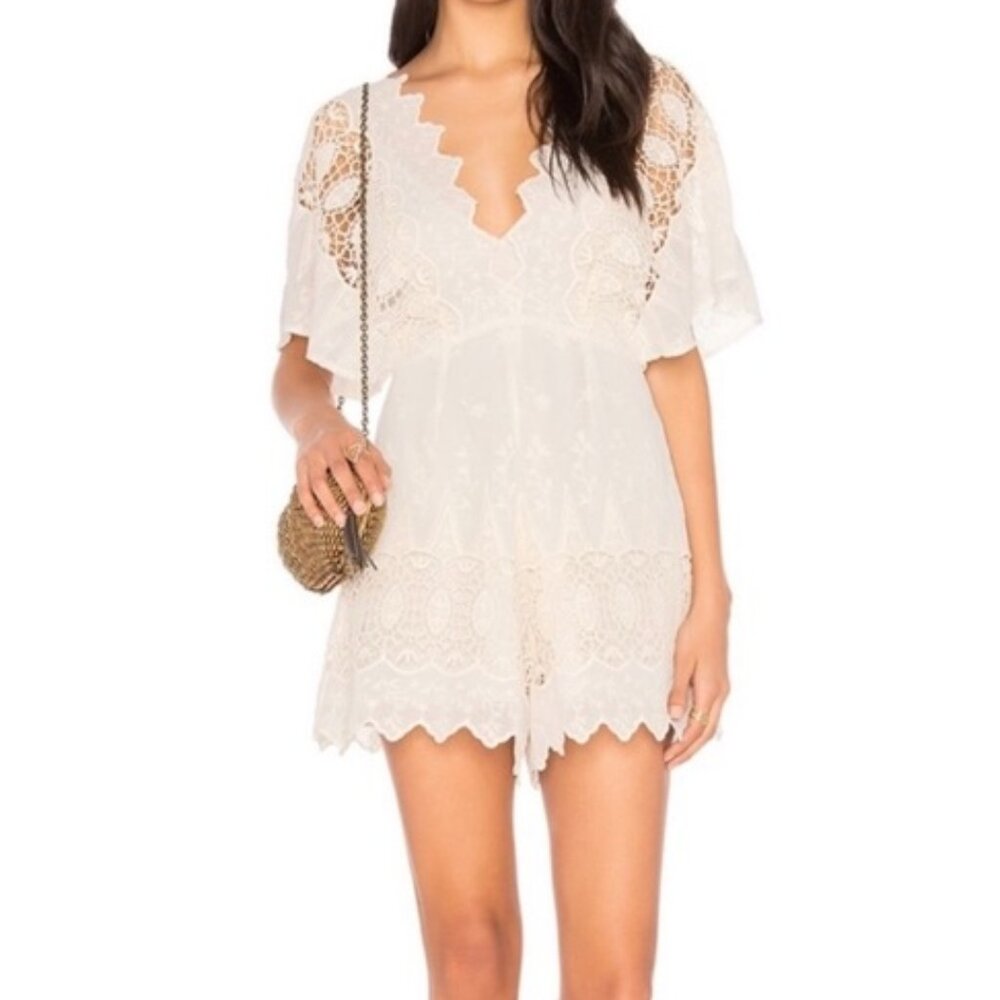 Astr Ivory Lace V-Neck Romper with Crochet Panels